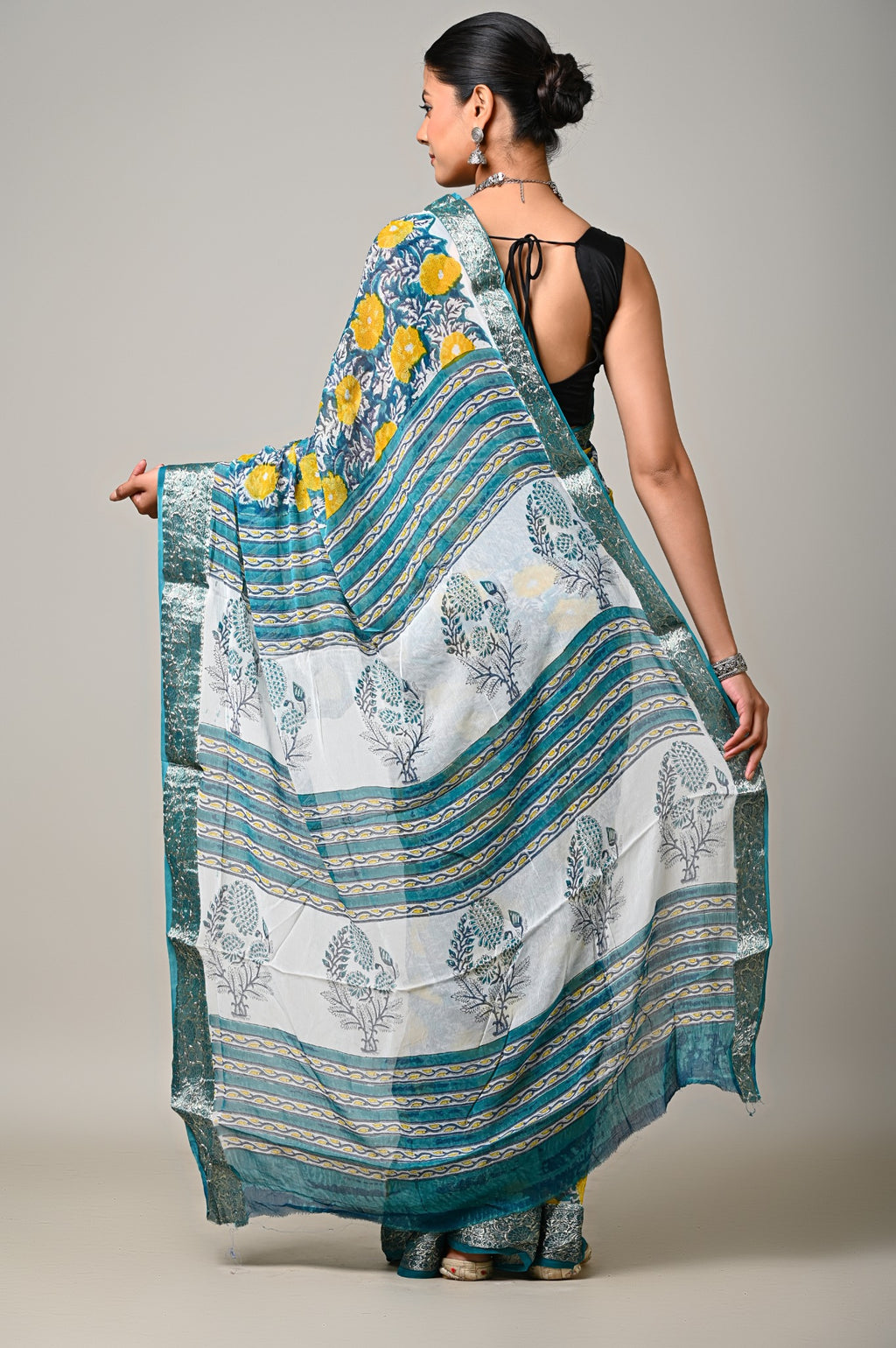Teal Gul teal mustard chiffon saree full pallu back view