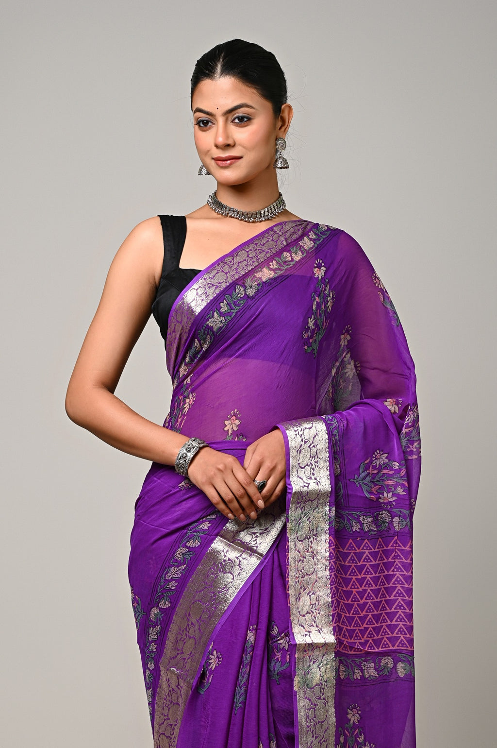 Twilight Orchid purple handblock printed viscose chiffon saree close-up