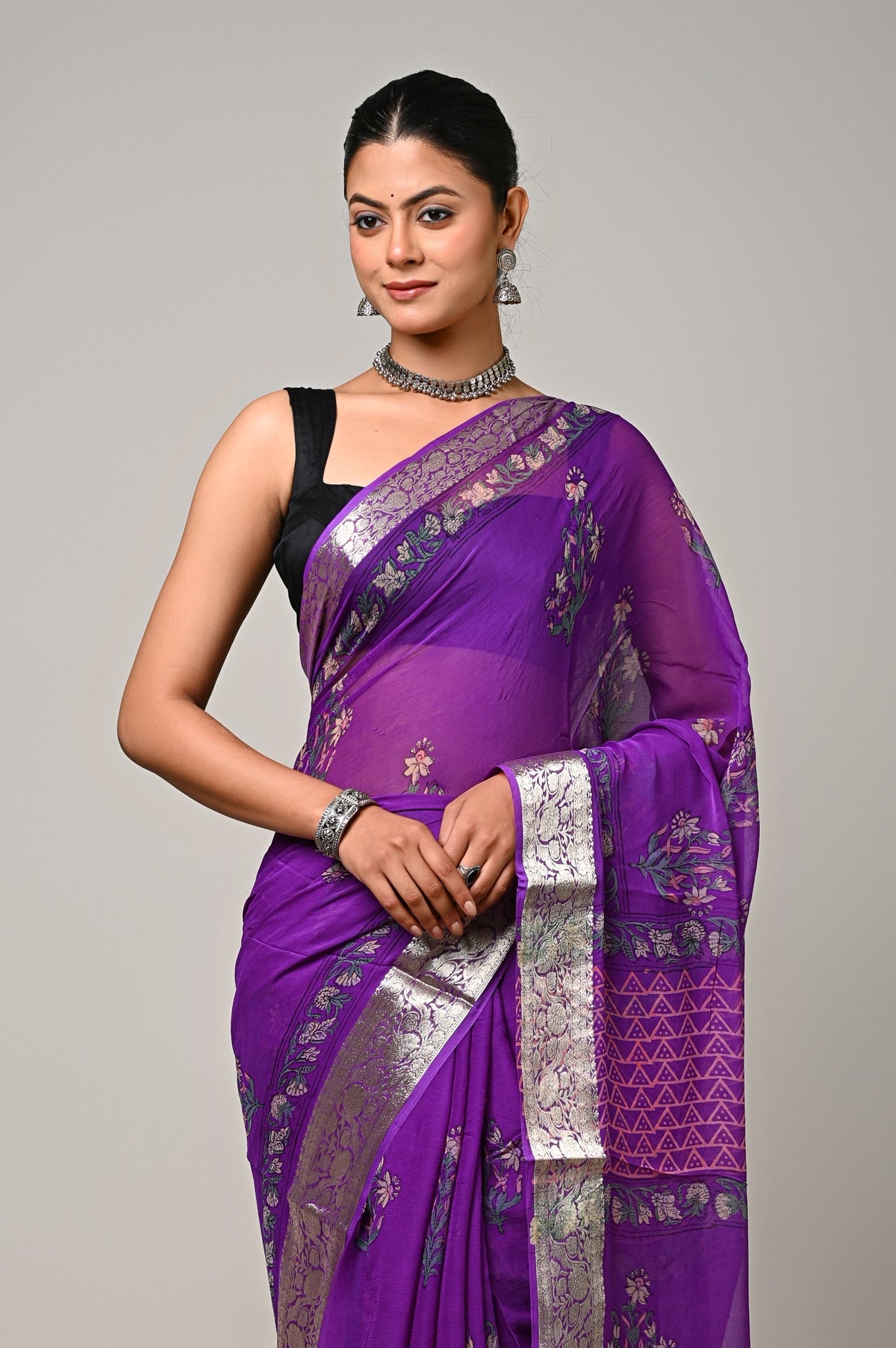 Twilight Orchid purple handblock printed viscose chiffon saree close-up
