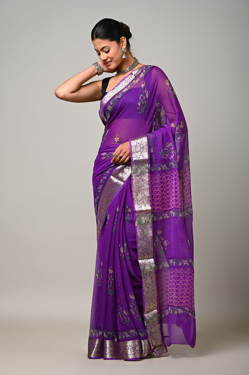 Twilight Orchid viscose chiffon saree handblock floral print drape view