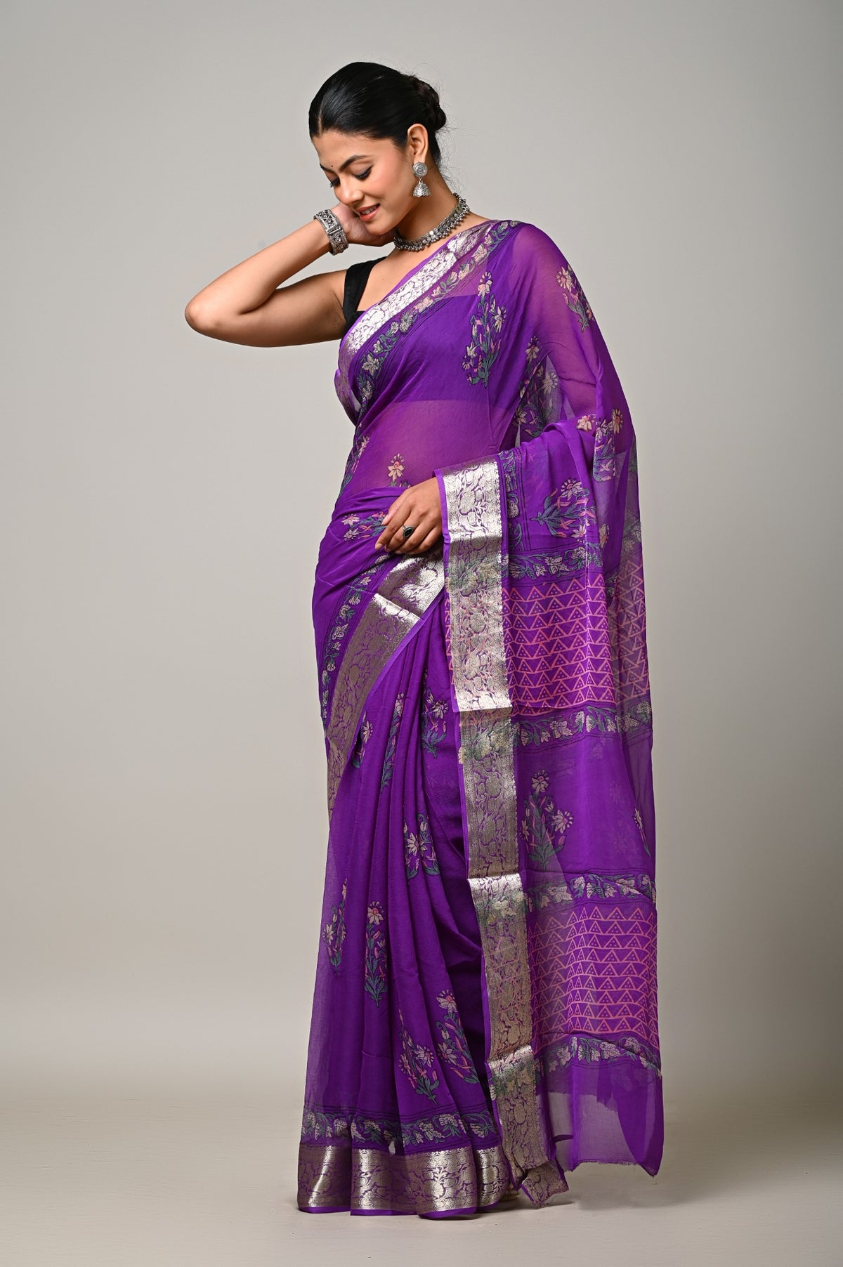 Twilight Orchid viscose chiffon saree handblock floral print drape view