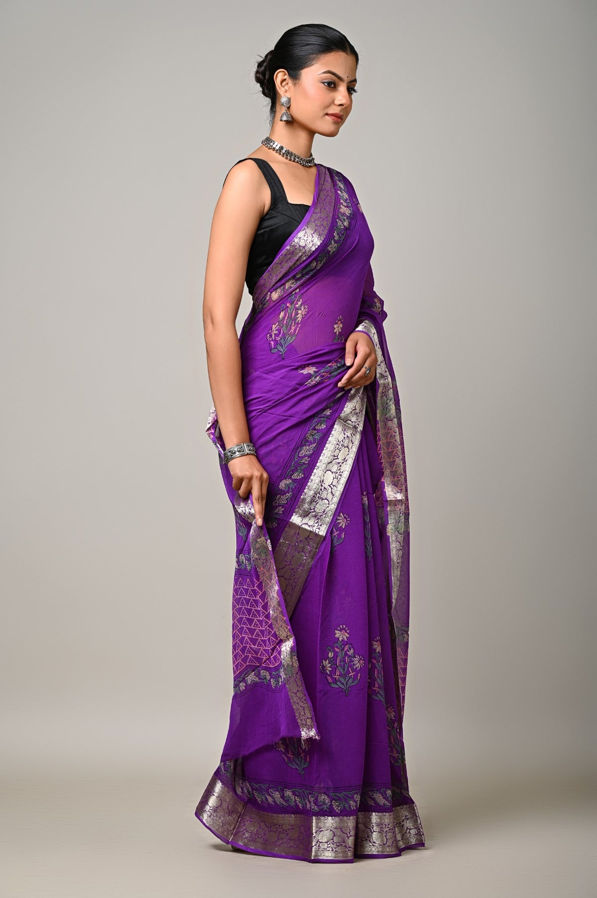 Twilight Orchid purple viscose chiffon natural handblock saree side view