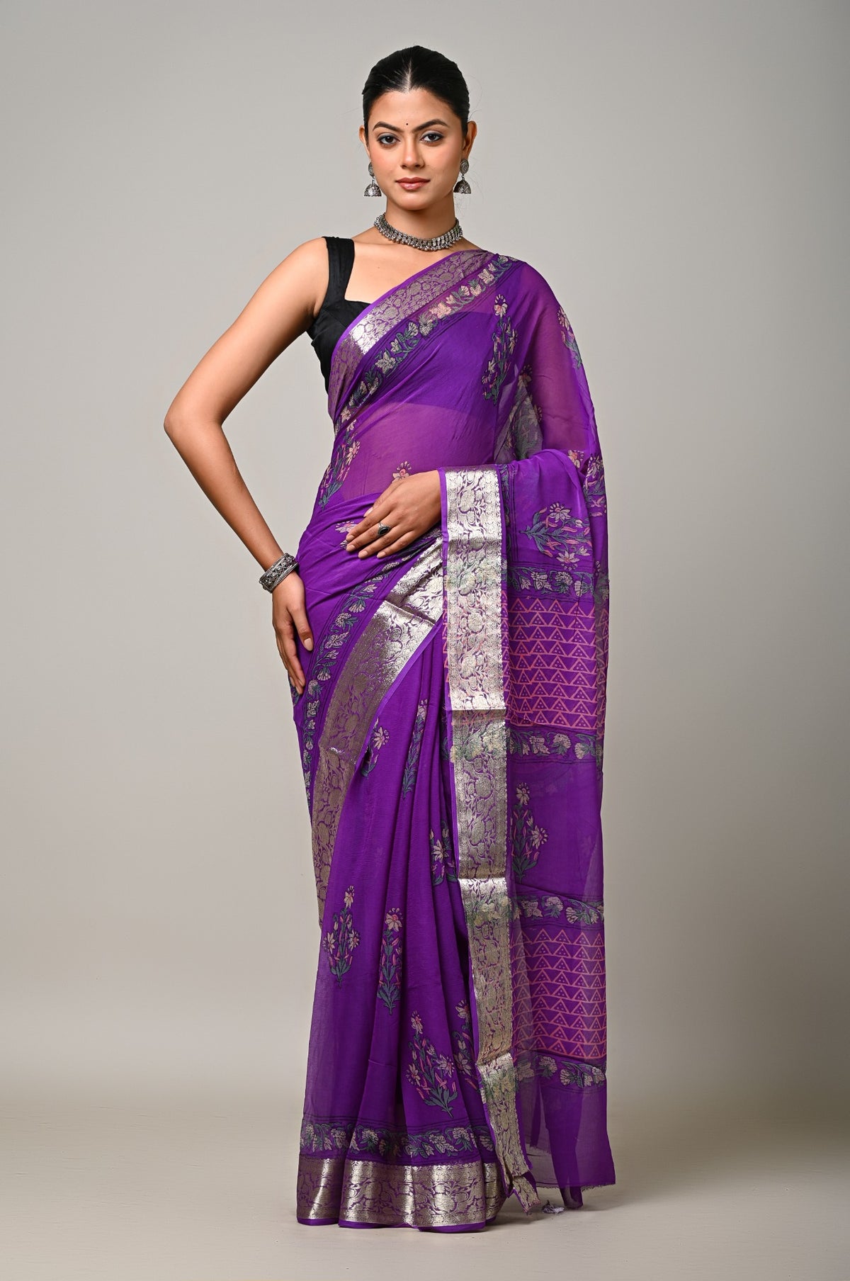 Twilight Orchid purple viscose chiffon natural handblock printed saree front view