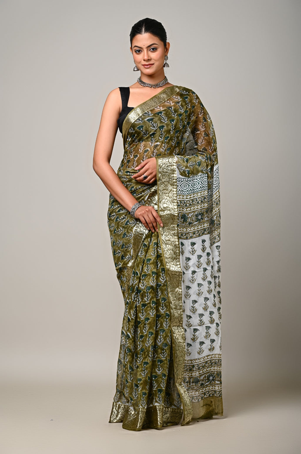 Zaitoon Bagh olive green handblock printed chiffon saree front view