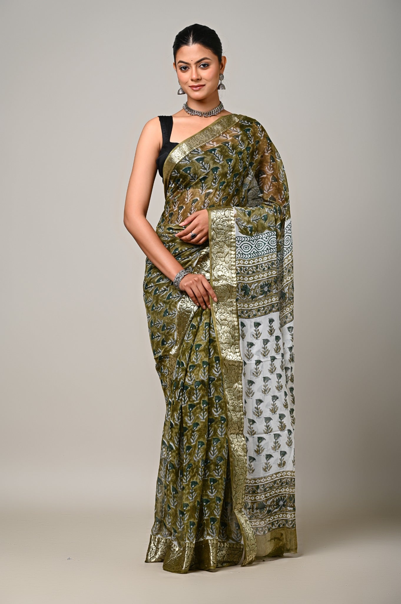 Zaitoon Bagh olive green handblock printed chiffon saree front view