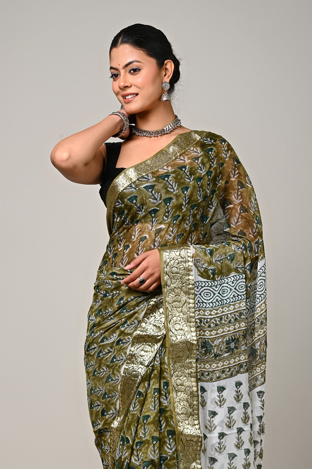 Zaitoon Bagh olive green chiffon saree handblock print close view