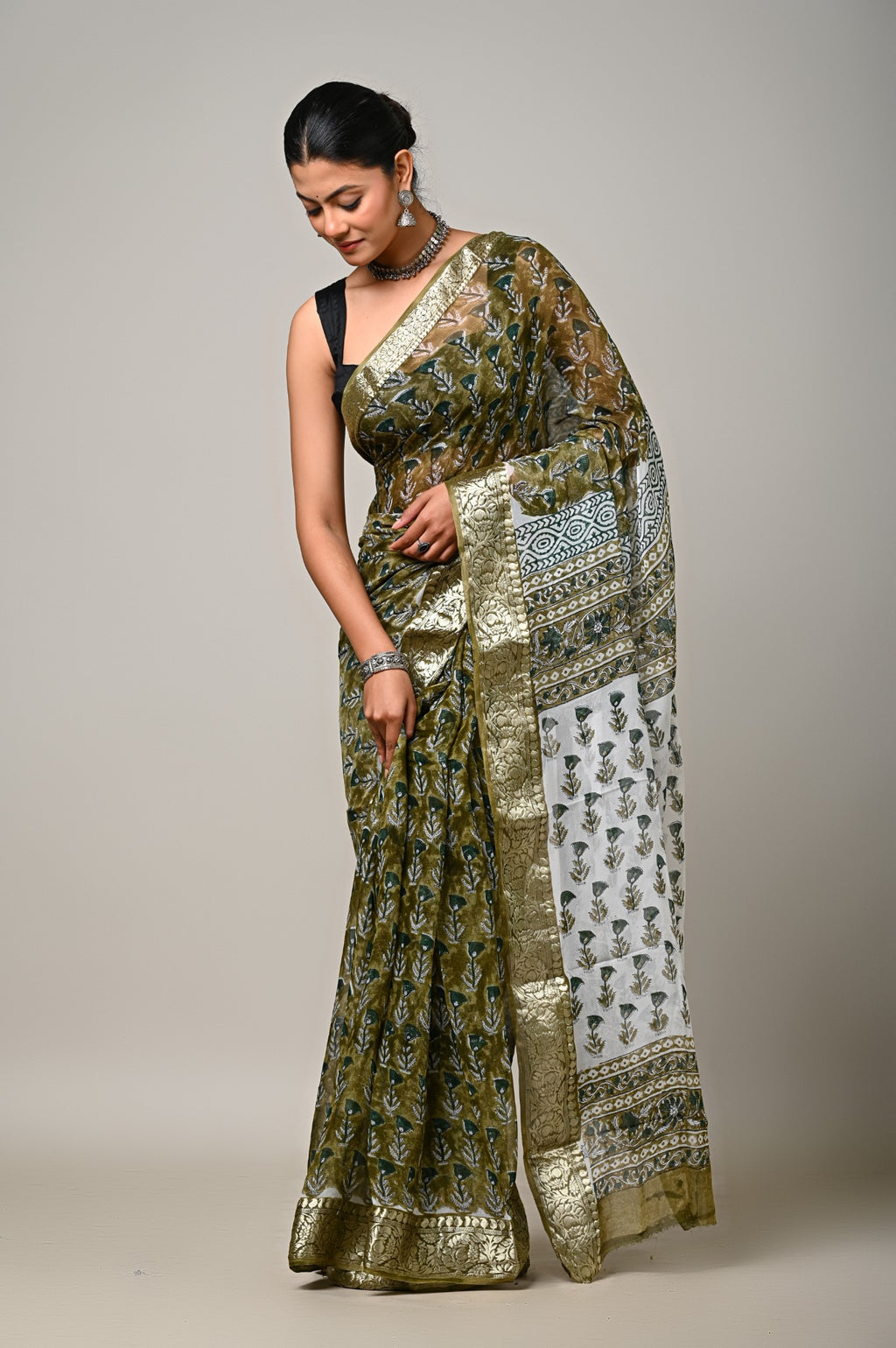 Zaitoon Bagh olive chiffon saree drape and zari border view