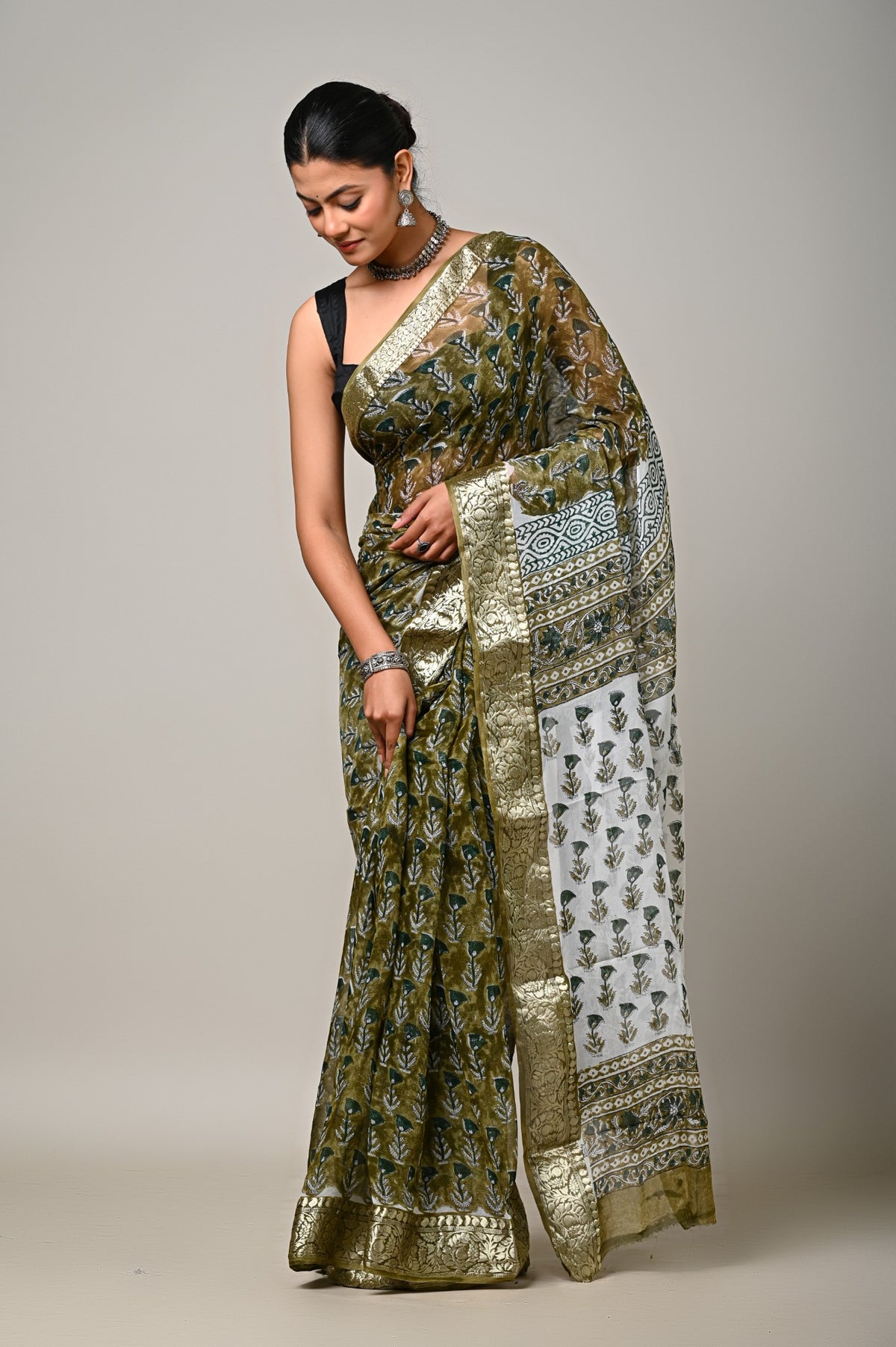 Zaitoon Bagh olive chiffon saree drape and zari border view