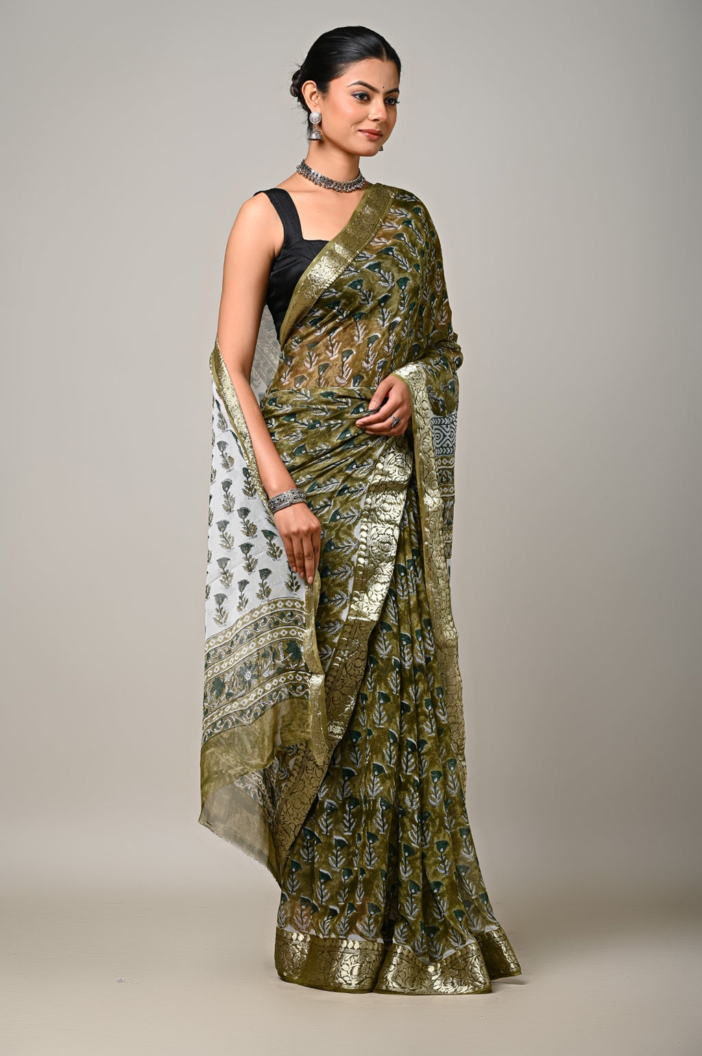 Zaitoon Bagh olive green printed chiffon saree side view